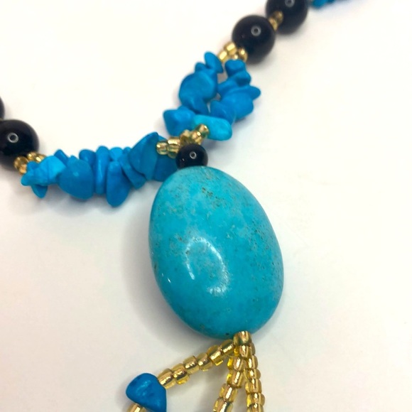 Boho Blue Turquoise And Onyx Gemstone Bead Necklace 28” Long - Picture 3 of 6
